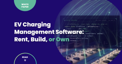 Aerial view of a charging plaza at night with green data arcs rising from the bays, overlaid with a code panel reading SOURCE INCLUDED and one-time licence, no lock-in, illustrating ownership of EV charging management software