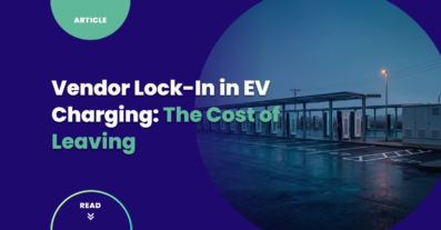 Rows of EV charge points at a large public charging plaza at dusk, illustrating vendor lock-in in EV charging and the cost of moving a network to a new management platform.