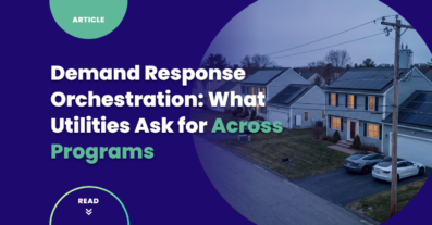 Demand response orchestration across a suburban street at dusk: homes with rooftop solar, a wall-mounted home battery, an electric vehicle charging in the driveway and a utility pole transformer serving the neighborhood