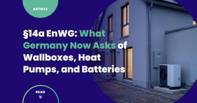§14a EnWG controllable devices: a German house at dusk with an outdoor heat pump unit and a wall-mounted cabinet beside it.