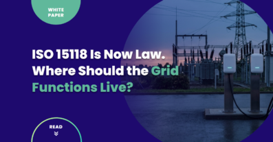 Two charging posts at a public charging site beside a distribution substation at dusk, illustrating ISO 15118 (iso15118) grid functions split between the charger, the charging platform, and the utility link.