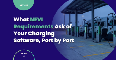 Row of public-access DC fast charging ports at a fleet charging hub with electric trucks parked at the chargers, illustrating NEVI requirements for per-port uptime and reporting.