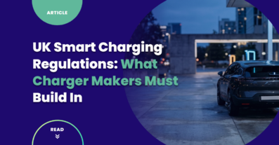 UK smart charging regulations: an electric car parked near lit EV charging points in a city parking area at dusk.