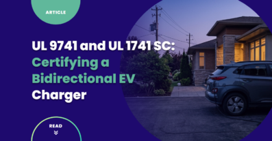 UL 9741 bidirectional EV charger connected to an electric vehicle in a residential driveway, with power flowing from the car back to the home and the local distribution grid.
